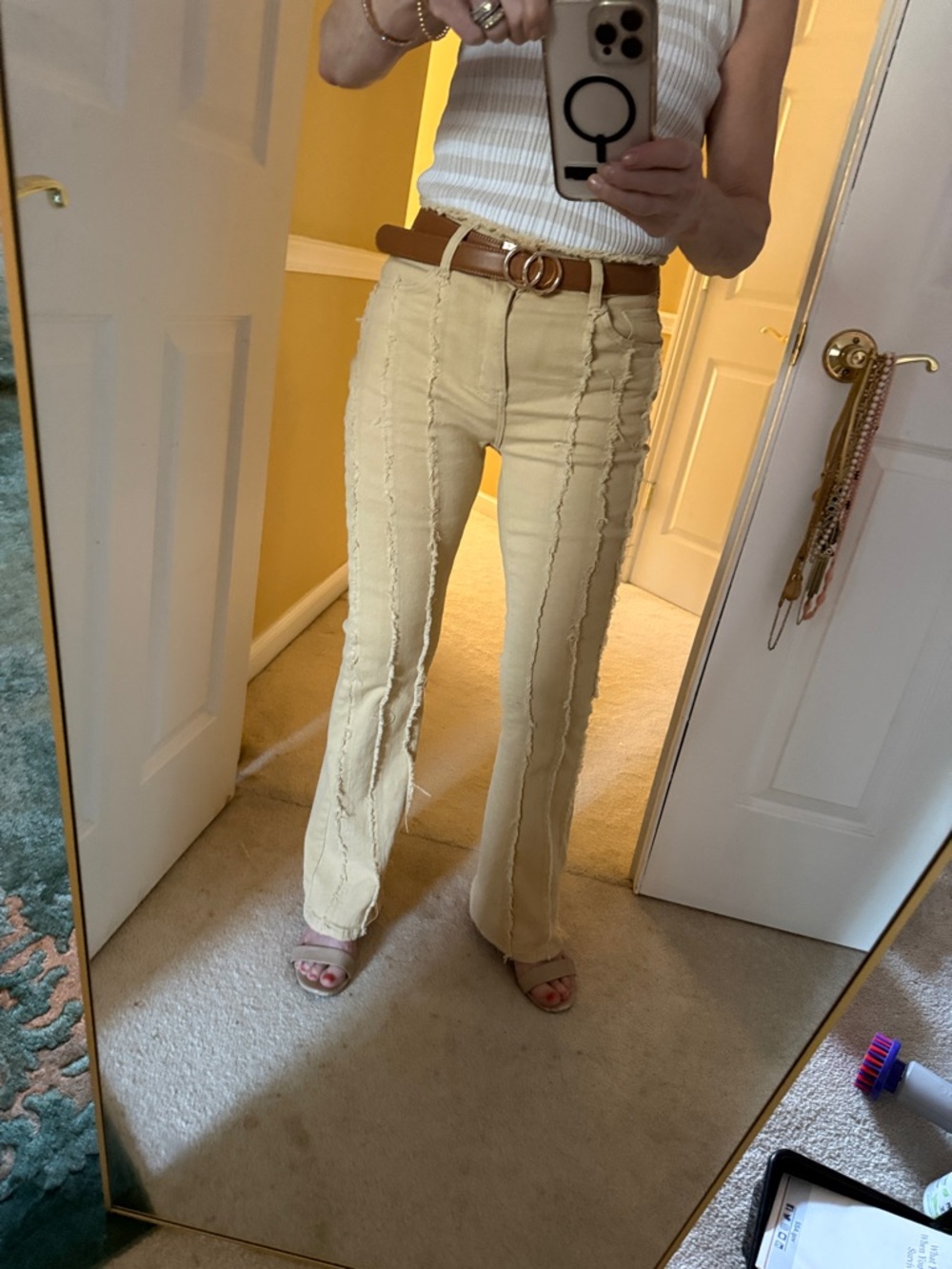 Light Yellow Raw-Seam Flared Pants